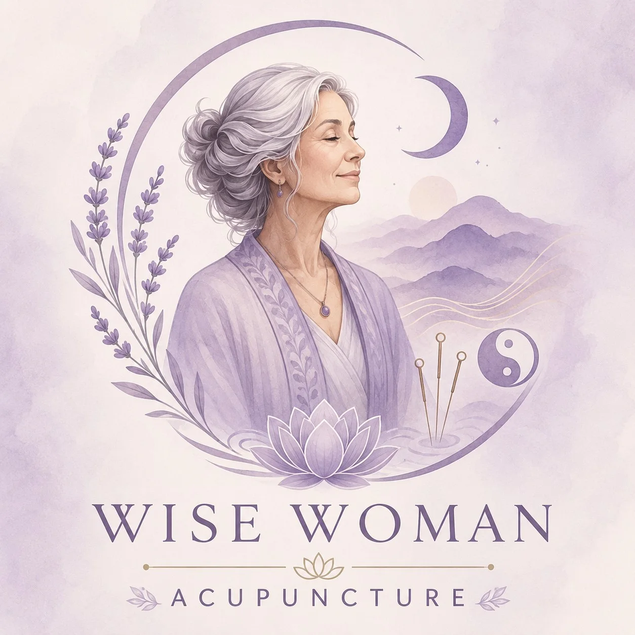 Watercolor Wise Woman brand art with a silver-haired woman, lavender, a crescent moon, mountains, and acupuncture needles
